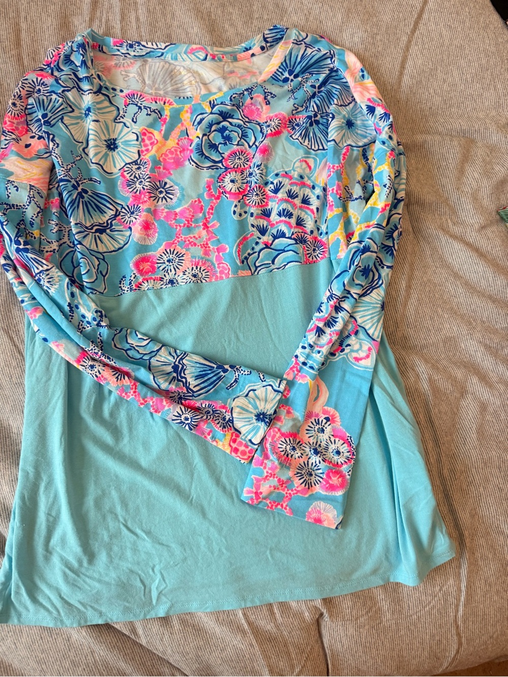 Lilly Pulitzer Aqua & Pink Floral Panel Long Sleeve Tee